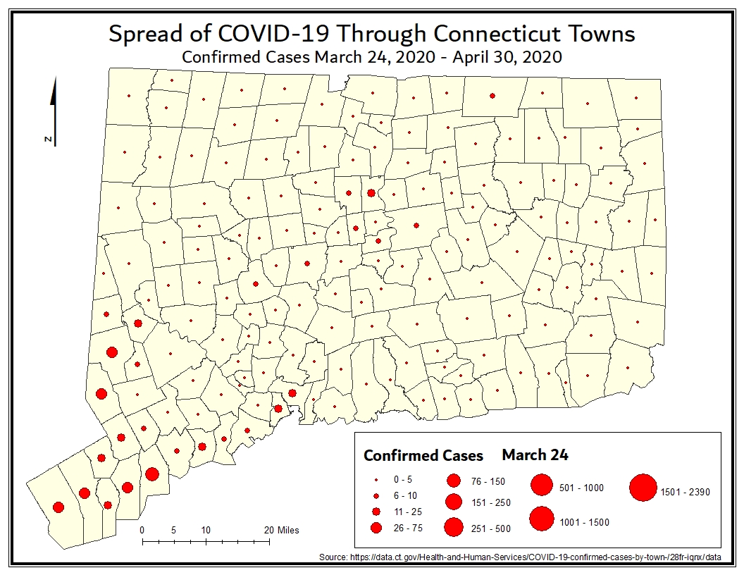 Proportional symbol map of COVID-19 cases in Connecticut towns