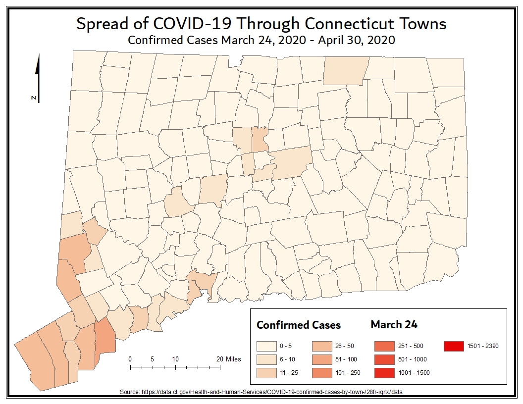Choropleth map of COVID-19 cases in Connecticut towns